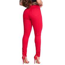 Women's High-Waisted Jeans In Lycra And Elastane, Traditional Colored, Simple, Casual, Zipper, Pocket, Button Closure, For Work, Evening, Vacation, Daily, Summer, Spring. - Red - View 2
