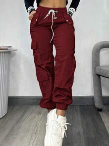 Women's Cargo Pants, Fashionable Y2K Style, Suitable For Christmas, Autumn, Outdoor, Formal Wear, Workwear, Casual, Sports, Loose Fit, Halloween, New Arrival, Autumn/Winter, Streetwear, Multi-Pocket, Elastic Waist, Airport, Back To School, Hot Selling - Burgundy - View 7