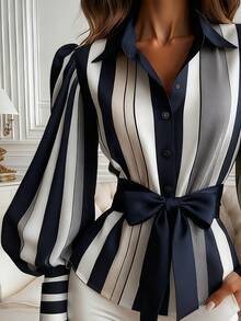 Camisa versátil y estilizante con diseño minimalista, mangas farol, cuello con lazo y rayas - Azul Marino - Ver 2