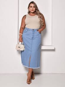 Plus Size Long Skirt With Slit And Pockets - Light Wash - View 1