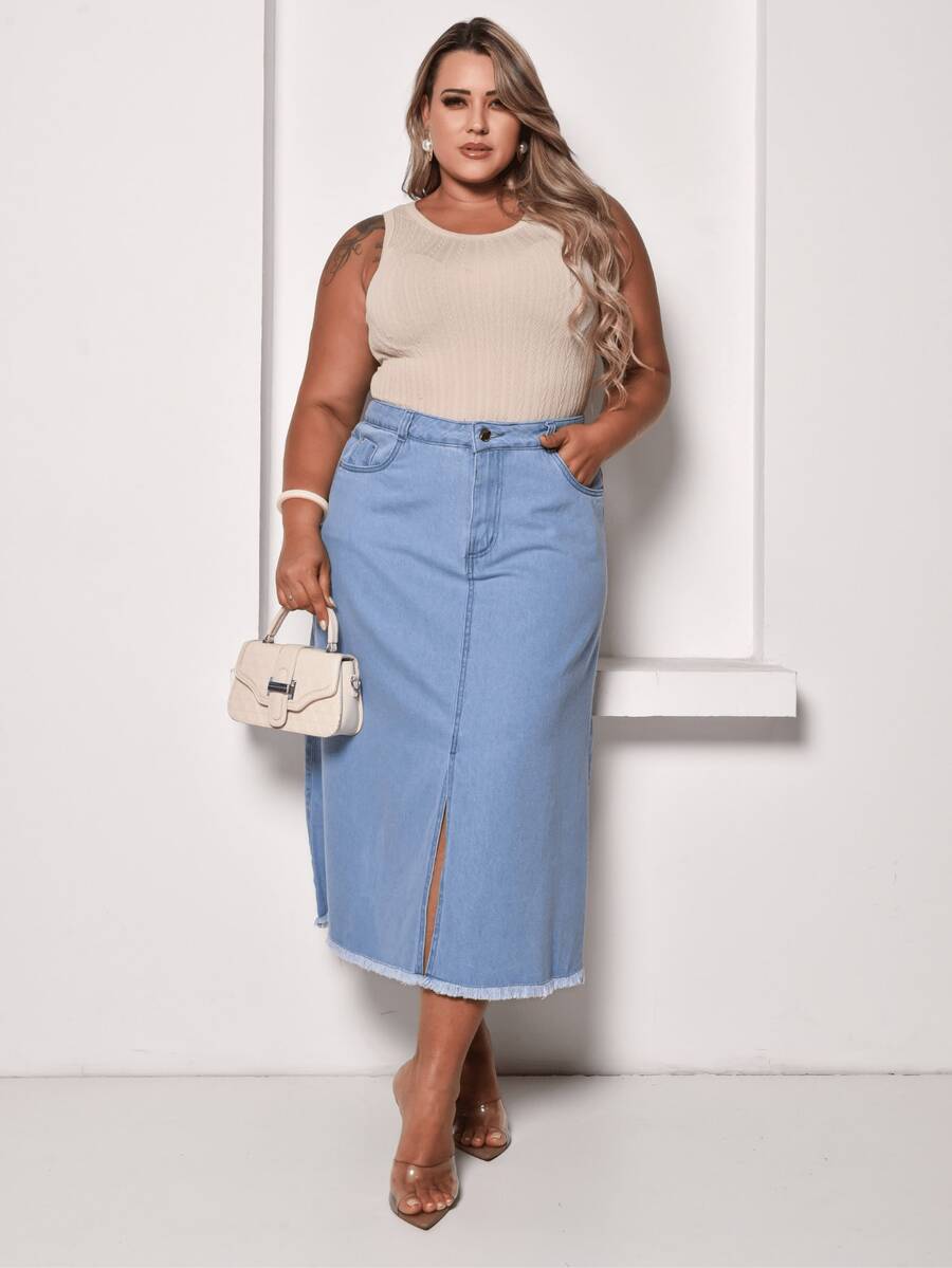 Plus Size Long Skirt With Slit And Pockets - Light Wash - View 1