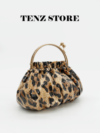 Women's Cute Retro Wild Style Leopard Print Sequin Evening Bag, Glamorous Sequin Top Handle Clutch Purse With Metal Frame, Glam Party Clutch Sparkly Party Handbag For Cocktail, Wedding, Prom, Club, Date Looks & Holiday Events – Wild Chic Leopard Pattern Vintage Purse Fits ProMax Phone & Essentials