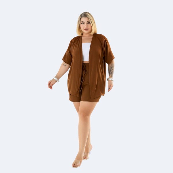 Conjunto Feminino Plus Size Kimono e Short – Look Casual e Confortável para o Natal e Verão 2025