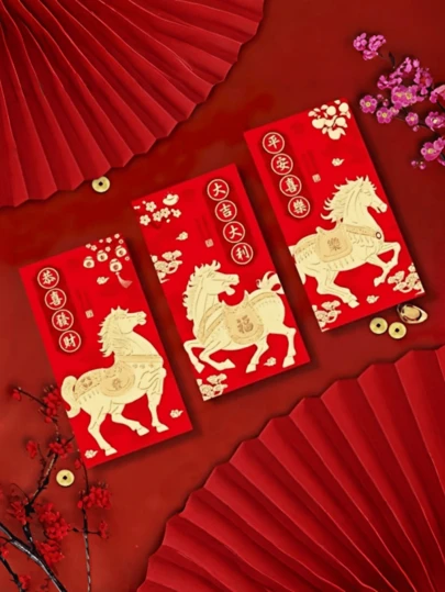 6 bao lì xì mừng năm mới - Năm con ngựa Lai See, Thiết kế tự dán, Họa tiết ngựa đỏ truyền thống, Thích hợp cho Tết Nguyên đán, Năm mới, Quà tặng