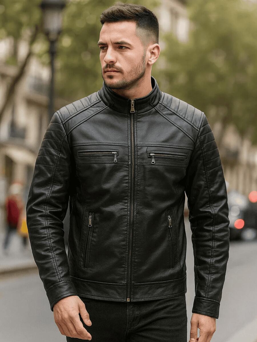 Autumn/Winter Slim Fit Leather Jacket - 黑色 - 查看 1