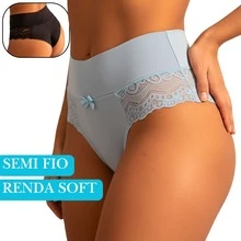 Elegant High-Waisted Panties With Delicate Floral Lace | Comfortable For Everyday Wear, Solid Color, Elastic - Celeste - Ver 14