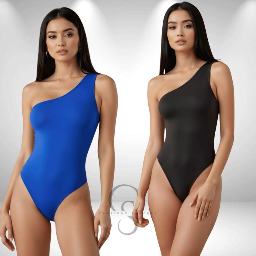 SET OF 2 Women's Bodysuits In Suplex Fabric, One-Shoulder Style, With Lining, Thin Straps, And A One-Shoulder Design. - BLACK aND ROYAL BLUE - View 1