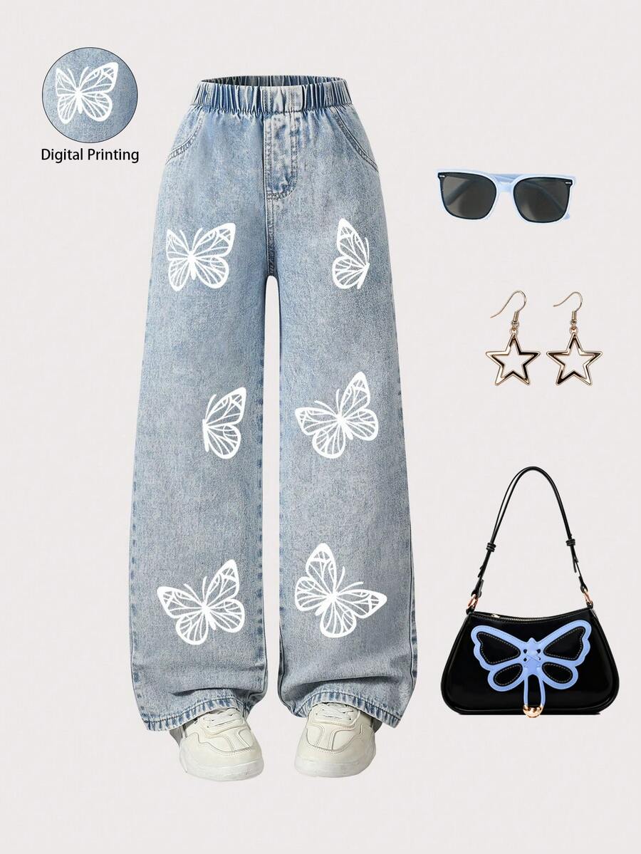 1pc Girls Casual Street Style Comfortable Butterfly Print Pattern Denim Jeans, Suitable For Spring & Autumn