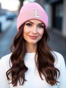 1 pieza Gorro de punto elástico con bordado personalizado de letra A-Z, unisex, gorra de punto de moda streetwear y hip hop, adecuada para uso diario en otoño/invierno - Rosa - Ver 3