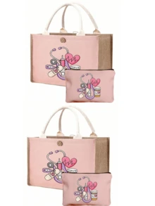 Nurse Theme Pink Handbag & Cosmetic Bag Set, Casual Style, Fabric Structure, Printed With Stethoscope, Heart, Syringe, Thermometer, Pill Patterns, Suitable For Back To School, Travel, Unisex, Perfect Gift, Daily Necessity - Pink - View 16
