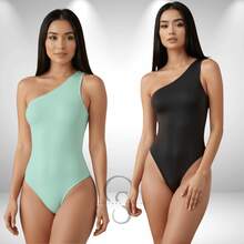 SET OF 2 Women's Bodysuits In Suplex Fabric, One-Shoulder Style, With Lining, Thin Straps, And A One-Shoulder Design. - BLACK aND WATER GREEN - View 2
