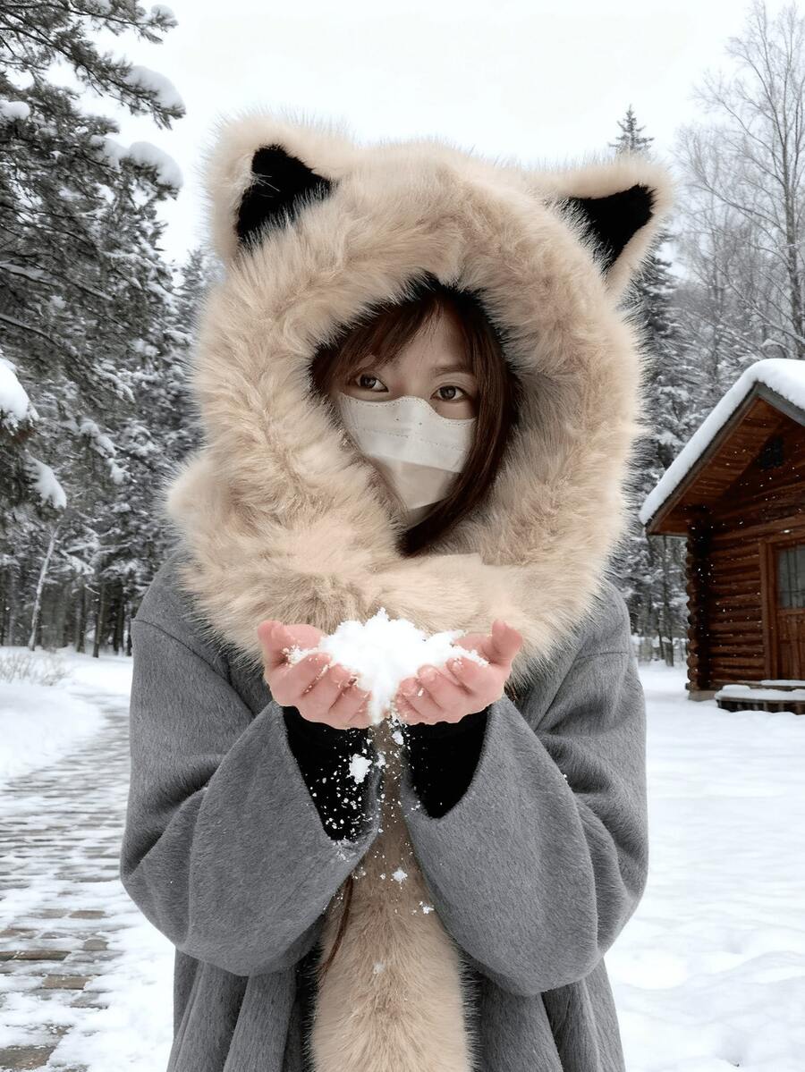 1pc/2pcs Women's Fluffy Fox Ear Hat, Warm Winter Trapper Hat, Cute Bear Design, Suitable For Daily Use, Cycling And Skiing Valentines Gift