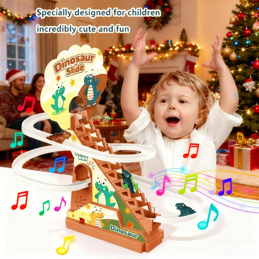 恐龙过山车玩具、恐龙爬梯音乐玩具、恐龙赛道、电动赛道游戏自动攀爬器、带恐龙迷你车的爬梯玩具、圣诞节、万圣节和新年礼物（不含电池） - 彩色 - 查看 1