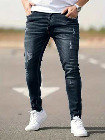 Jeans pitillo desgastados y rotos de moda casual minimalista para hombres, estilo grunge