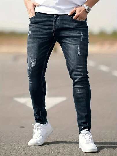 男士简约休闲时尚水洗破洞紧身牛仔裤，垃圾摇滚风