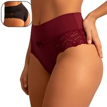 Elegant High-Waisted Panties With Delicate Floral Lace | Comfortable For Everyday Wear, Solid Color, Elastic - Burgundy - View 15