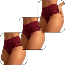 Elegant High-Waisted Panties With Delicate Floral Lace | Comfortable For Everyday Wear, Solid Color, Elastic - Burgundy - View 13
