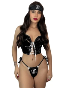 Cropped Leather Driver Top With Visor, Sexy Lingerie Set, Black - Black - View 7