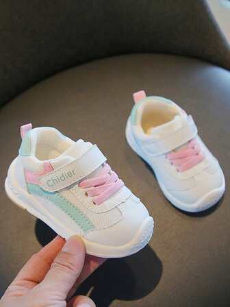 1 Pair Spring/Autumn Soft Bottom Anti-Slip Breathable Mesh Toddler Girls Shoes, Suitable For 0-4 Years Old, Pink & Green, Lightweight, Comfortable Low-Top Casual Walking Shoes With Hook And Loop Design For Easy Wear