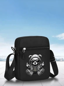 1pc/2pcs Cool Bear Design Printed Y2K Streetwear Baseball Cap & Crossbody Bag Set, Adjustable Unisex Snapback Hat & Shoulder Bag, Gift For Yourself And Friends - Black - View 5