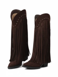Cowgirl Outfits For Women Country Concert Combat Boots For Women Brown Tassel Decoration Pointed Thick Heels Boots Retro Western Style Festival Shoes Outdoor Comfortable Women's Cowboy Boots Summer Boots - màu nâu - Xem 2