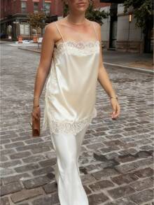 Women Lace Satin Camisole Long Tops Spaghetti Strap Low Cut Slip Dress Party Club Swing Dress Streatwear - 香檳色 - 查看 1