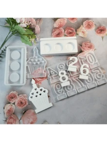 3pcs Birthday Number Candle Holder Silicone Mold Set, Candle Mold With Numbers, Candle Holder Silicone Mold With Base, Plaster Mold, Household Mold, Concrete Casting Mold, Silicone Mold, Tea Light Candle Holder, Birthday Candle Holder - White - View 7