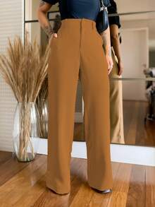 MODA MO, REF: 4714 | Women's Wide-Leg Trousers, High Waist, Functional Side Pockets, Romantic Fabric With Lycra Cotton Polyester Elastane, Stylish Bell Bottom, Monsca Zipper, Hip-Lifting Design, Super Comfortable Fit, Elegant And Versatile Dress Piece For Everyday Wear. - 棕色 - 查看 3