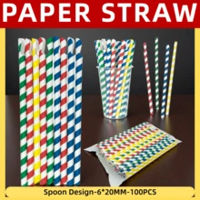Gói 100 ống hút giấy sọc nhiều màu kèm thìa - 8*200mm, ống hút dùng cho sinh tố và sữa lắc | Thích hợp trang trí sinh nhật, lễ hội, tiệc hồ bơi mùa hè, đám cưới, tiệc mừng em bé chào đời, Halloween và Giáng sinh - Nhiều màu - Xem 1