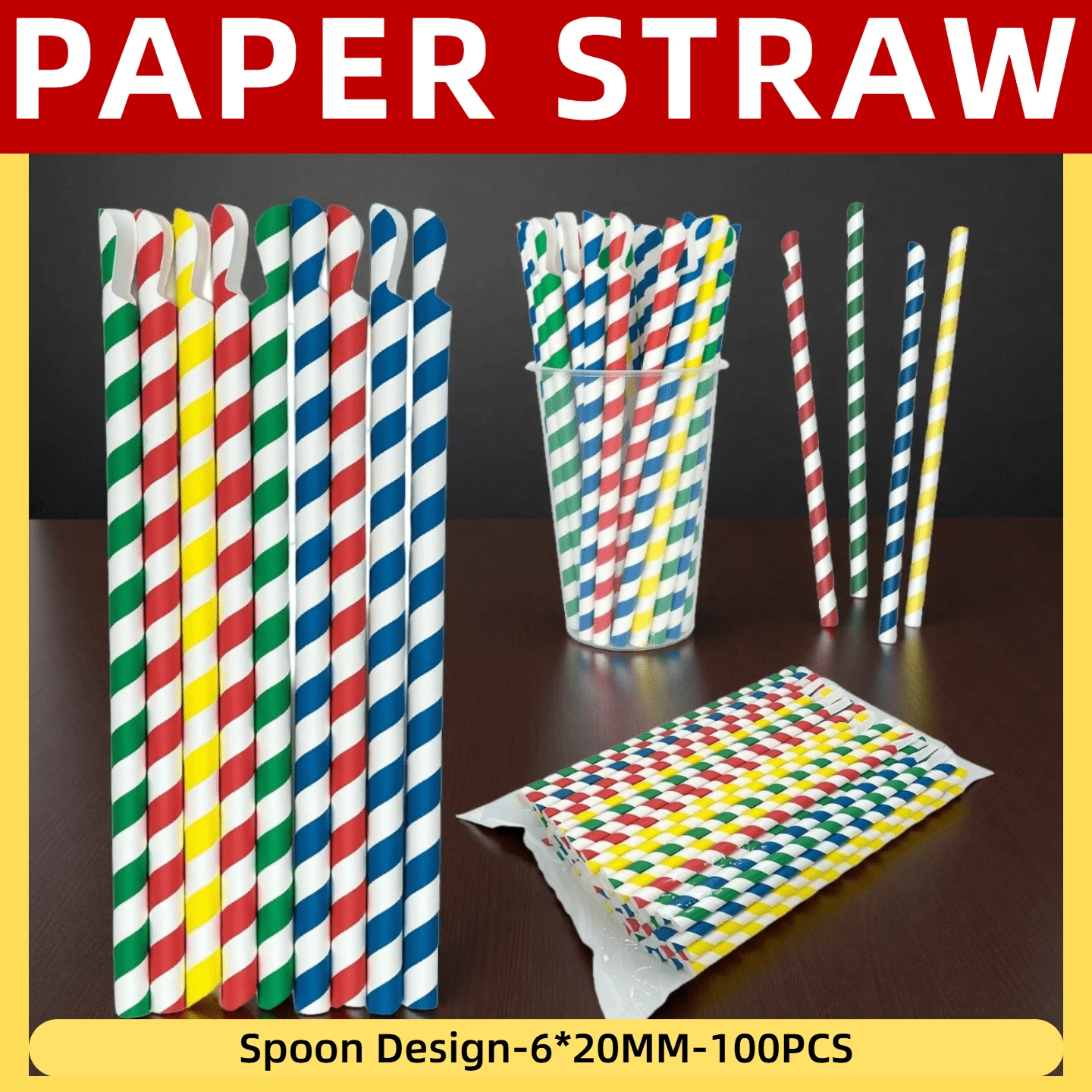 Gói 100 ống hút giấy sọc nhiều màu kèm thìa - 8*200mm, ống hút dùng cho sinh tố và sữa lắc | Thích hợp trang trí sinh nhật, lễ hội, tiệc hồ bơi mùa hè, đám cưới, tiệc mừng em bé chào đời, Halloween và Giáng sinh - Nhiều màu - Xem 1