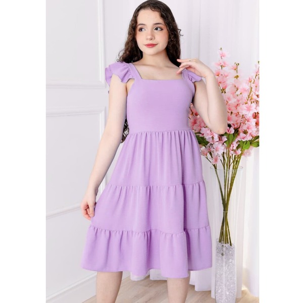 Vestido Infantil e Juvenil Midi Duna com Alça de Babado e Saia em Camadas – Elegante, Confortável e Não Amassa