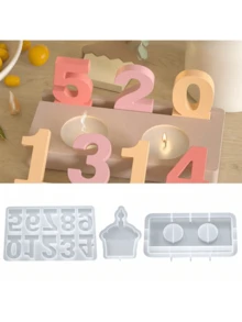 3pcs Birthday Number Candle Holder Silicone Mold Set, Candle Mold With Numbers, Candle Holder Silicone Mold With Base, Plaster Mold, Household Mold, Concrete Casting Mold, Silicone Mold, Tea Light Candle Holder, Birthday Candle Holder - White - View 1
