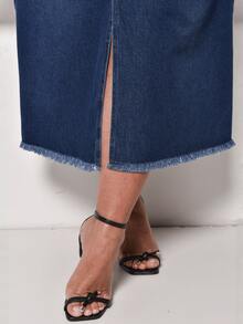 Plus Size Long Skirt With Slit And Pockets - Rửa tối - Xem 4