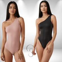 SET OF 2 Women's Bodysuits In Suplex Fabric, One-Shoulder Style, With Lining, Thin Straps, And A One-Shoulder Design. - BLACK aND LIGHT PINK - View 2