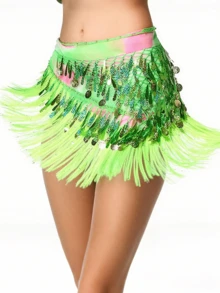 女士肚皮舞流苏臀巾带亮片和硬币装饰臀腰链适合舞蹈表演狂欢节对练舞配饰 - 彩色 - 查看 16