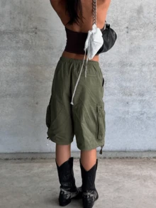 Womens Y2K Drawstring Jean Shorts Summer Elastic Waist Baggy Cargo Denim Shorts Casual Stretch Jorts With Pockets - 軍綠色 - 查看 5