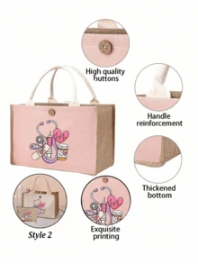 Nurse Theme Pink Handbag & Cosmetic Bag Set, Casual Style, Fabric Structure, Printed With Stethoscope, Heart, Syringe, Thermometer, Pill Patterns, Suitable For Back To School, Travel, Unisex, Perfect Gift, Daily Necessity - Pink - View 5
