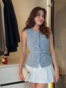 GMFP 女士优雅无袖亮片装饰背心外套，单排扣，串珠腰带，柔软斜纹软呢面料，天蓝色，适合新年/情人节穿着 - 淺藍色 - 查看 4