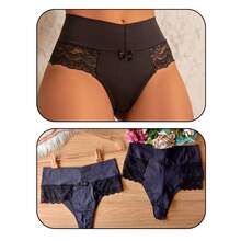 Elegant High-Waisted Panties With Delicate Floral Lace | Comfortable For Everyday Wear, Solid Color, Elastic - Black - View 3