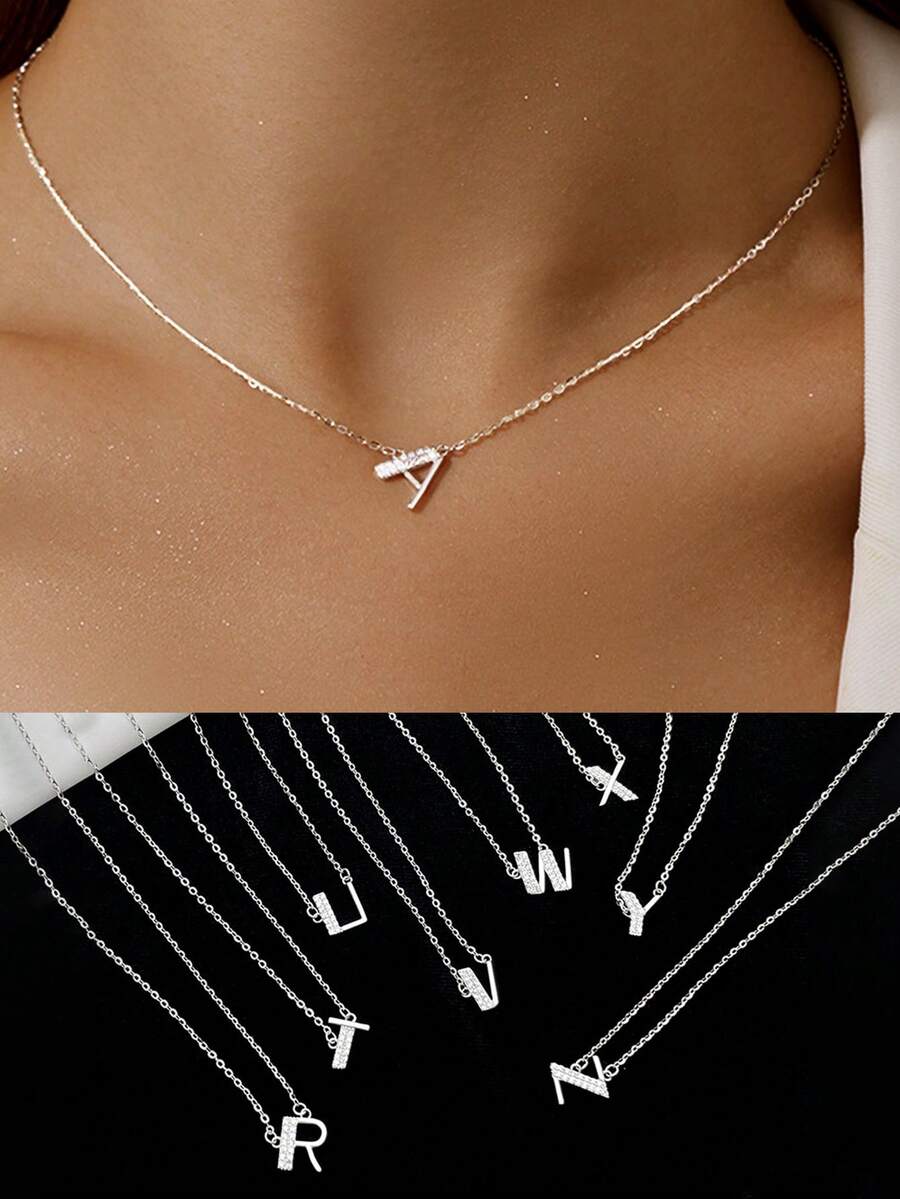 S925 Sterling Silver Initial Necklace Cubic Zirconia A-Z Letter Name Hypoallergenic Pendant Necklaces For Teen Girls Women - Silver - View 1