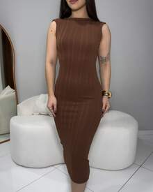 KARINA MIDI DRESS WITH PREMIUM RIBBED HEELS, BACKLESS DETAIL AND BUTT-LIFTING DETAIL. - Màu nâu Sô-cô-la - Xem 1
