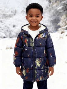 1 pieza Abrigo acolchado de algodón con capucha elástica de color azul marino y multicolor para niños, Parka de algodón de longitud media para niños y niñas, Chaqueta con cremallera para niños, Ropa de algodón para niños pequeños