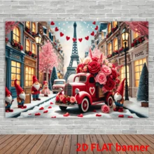 1 Romántico Camión Rojo Escena Parisina de Fibra de Poliéster Bandera de Fiesta de 8x6 Pies Fondo del Día de San Valentín y Vacaciones, con la Torre Eiffel, Enanos y Rosas, Adecuado para Jardines Familiares - Multicolor - Ver 5