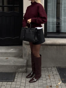 Seelio Autumn/Winter New Women's Fashion Minimalist Soft All-Match High Neck Long Sleeve Knit Sweater - Burgundy - View 8