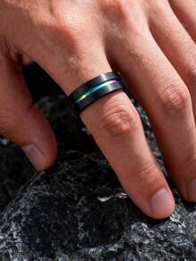 1pc Fashion Black Titanium Steel Rainbow Striped Decorative Ring Suitable For Men's Daily Wear - Multicolor - View 2