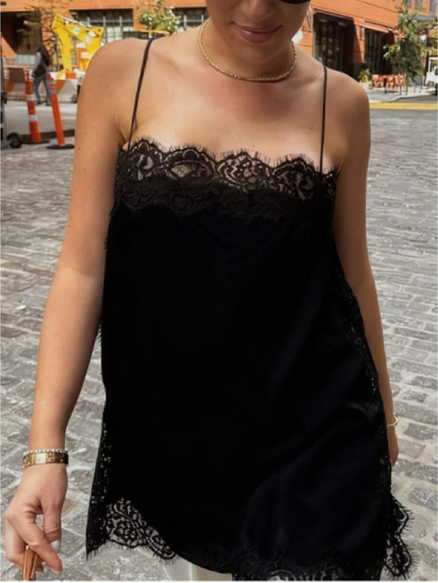 Women Lace Satin Camisole Long Tops Spaghetti Strap Low Cut Slip Dress Party Club Swing Dress Streatwear - 黑色 - 查看 1