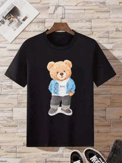 Camiseta de hombre con estampado de oso de peluche moderno con chaqueta,100% algodón,ideal para un look casual y con estilo.¡Nueva colección!