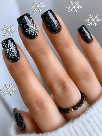 24 Christmas Nail Pieces With Sweet And Cool Sparkling Snowflake Embellishments - White And Black Contrasting Splicing - European Style Short Fake Nails Suitable For Girls And Ladies. Gift Includes Jelly Glue And Nail Files