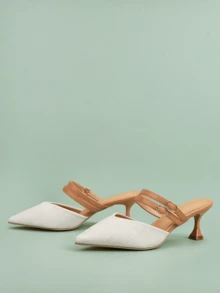 秋冬季搭扣细节小猫跟穆勒鞋，优雅派对风 - 米色 - 查看 8