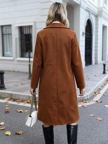 Brown Lapel Double Breasted Mid Length Wool Coat, Slim Fit Elegant Office Casual Long Coat For Women - Brown - View 5